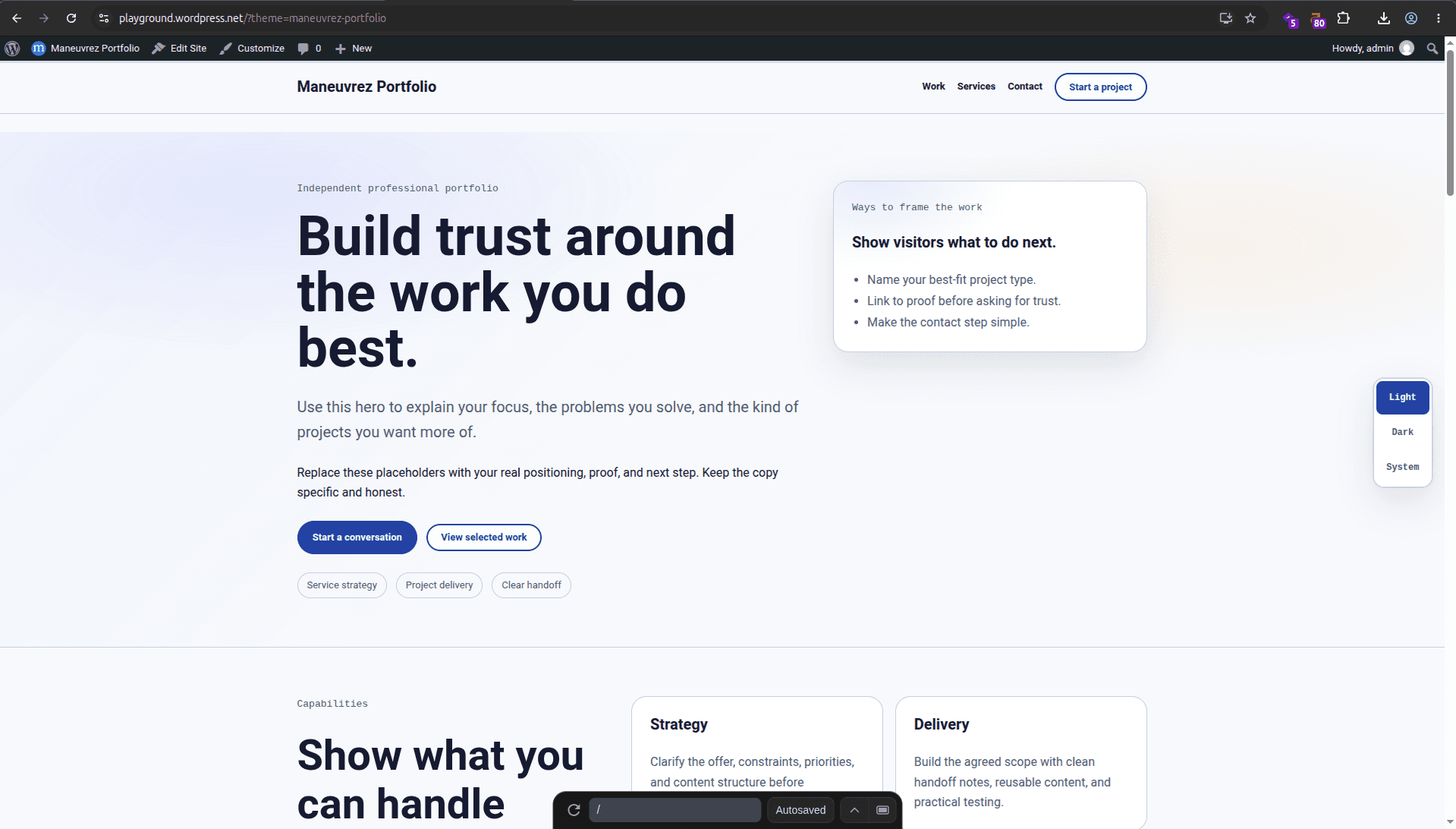 Homepage preview of the Maneuvrez Portfolio WordPress theme.