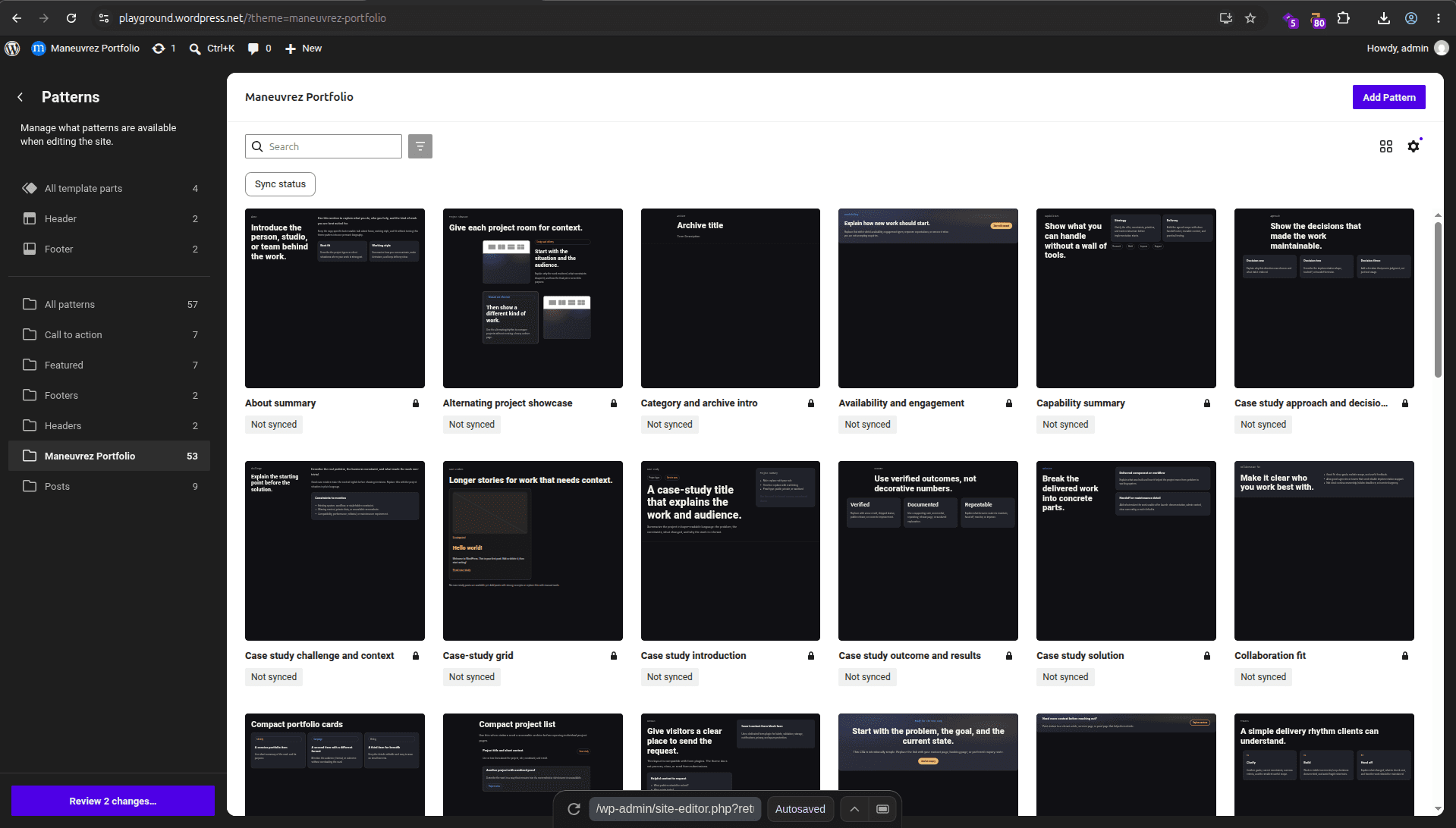 Block pattern library supplied with the Maneuvrez Portfolio theme.