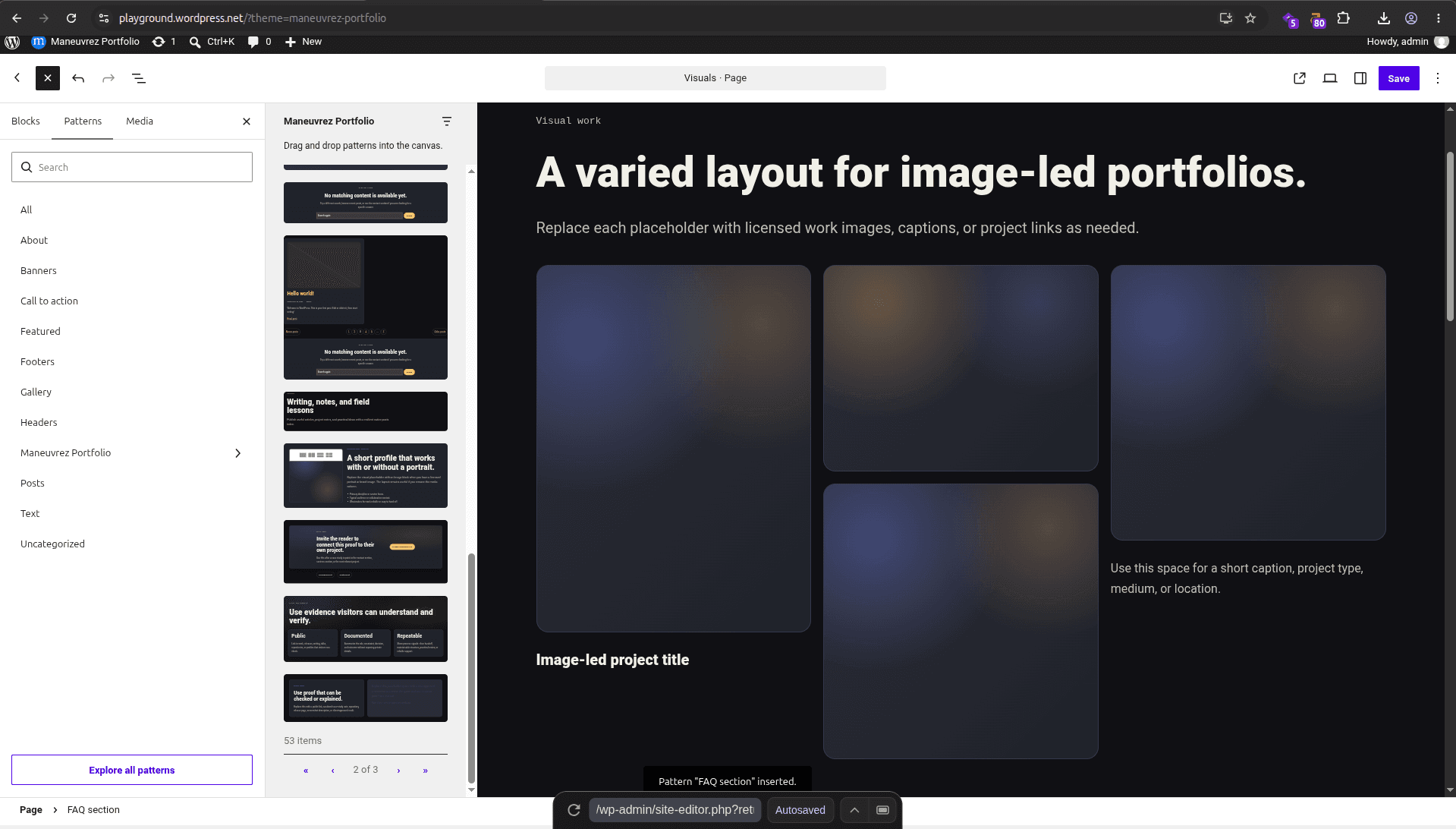 Editing a portfolio layout in the WordPress Site Editor with Maneuvrez Portfolio.