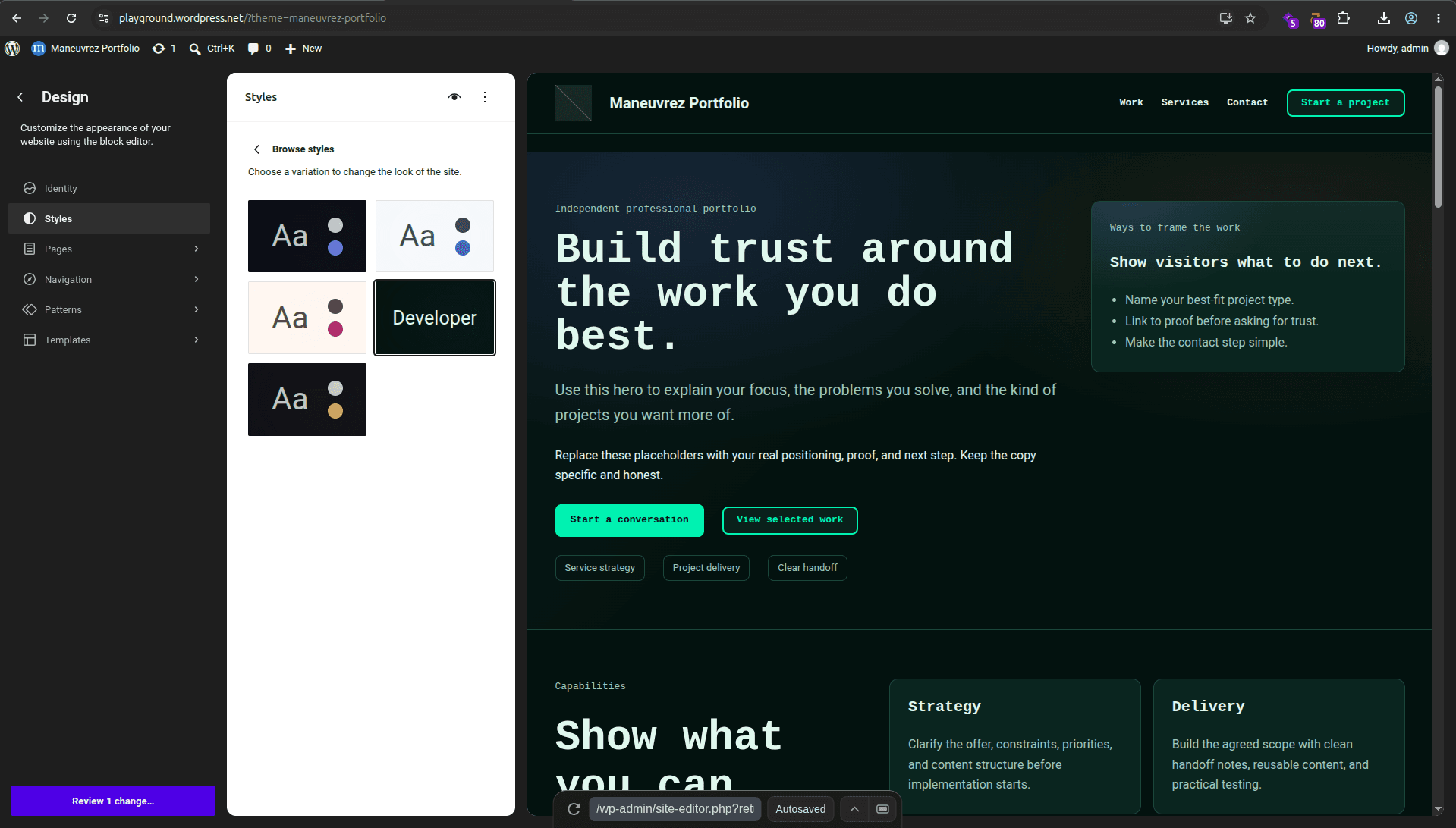 Dark green developer style variation of the Maneuvrez Portfolio theme.