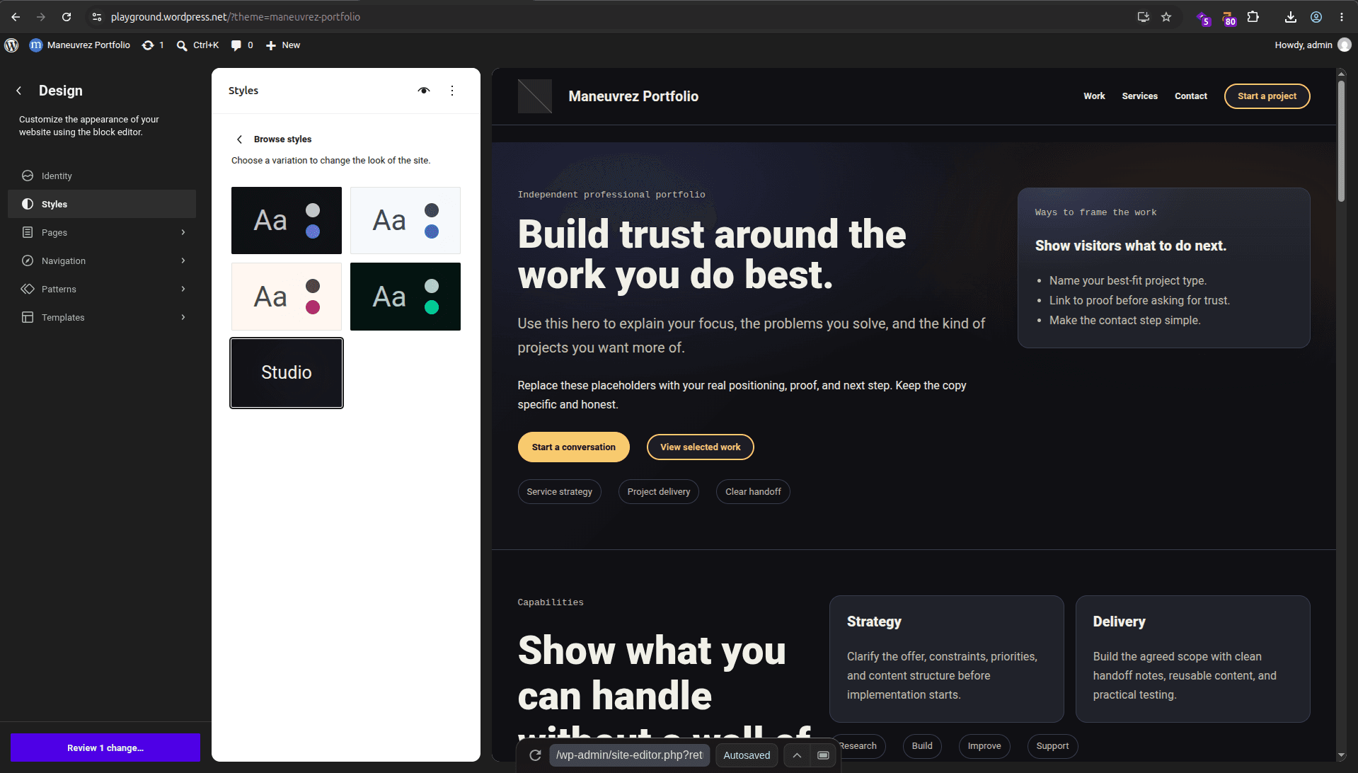 Dark studio style variation of the Maneuvrez Portfolio theme.