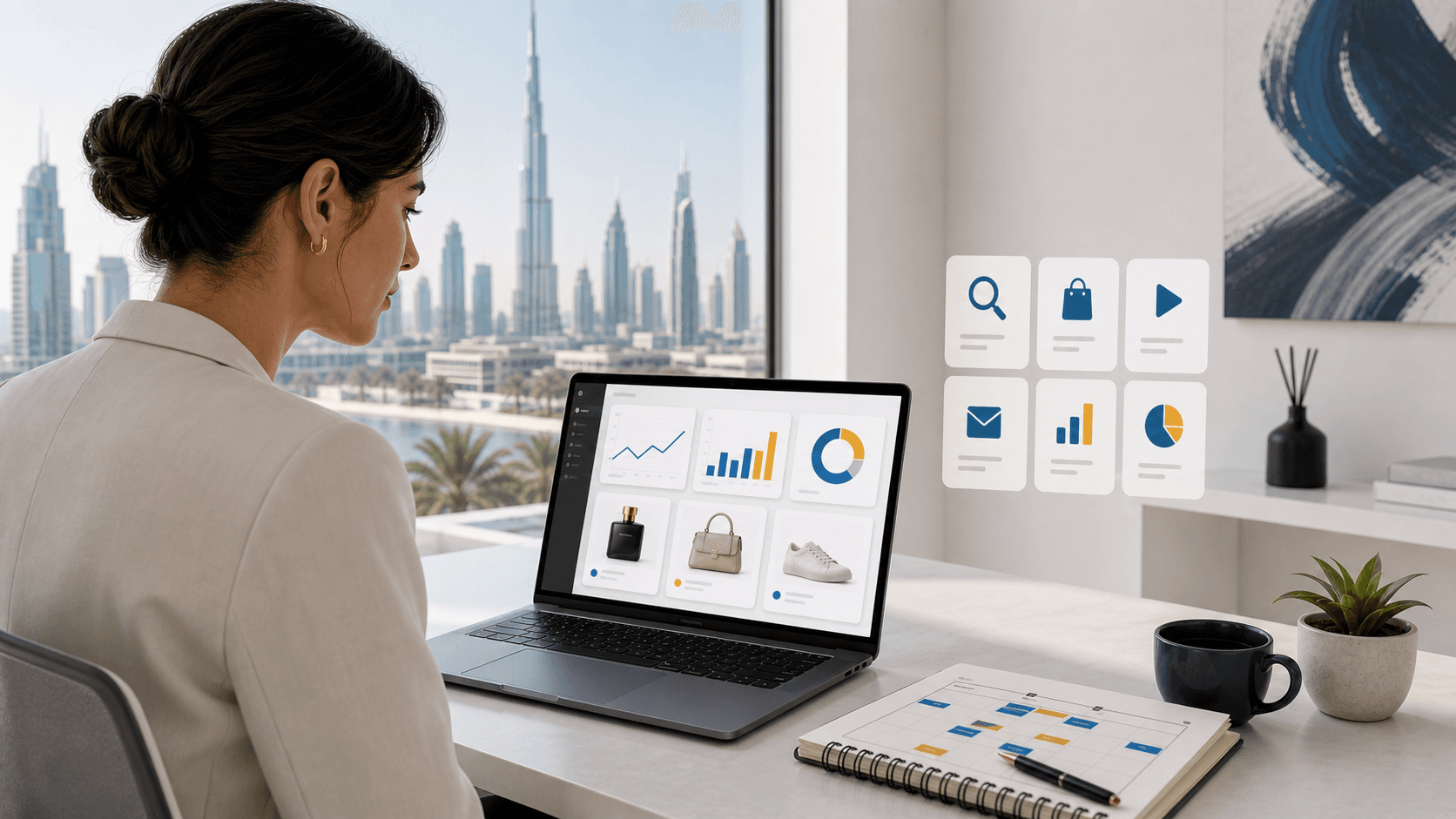 Dubai ecommerce founder planning SEO, Google Shopping and social media traffic campaigns for a Shopify store